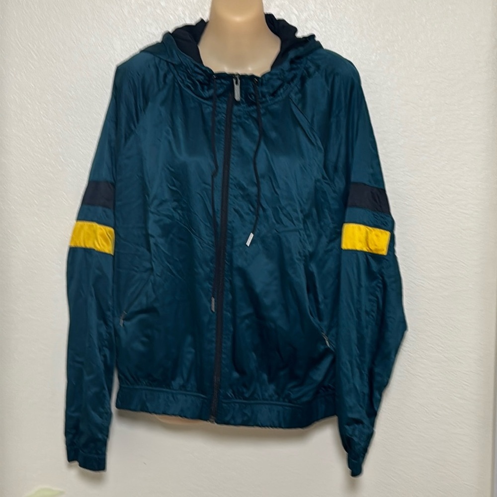 Zella Track Jacket Green and black with yellow stripes on sleeves womens large